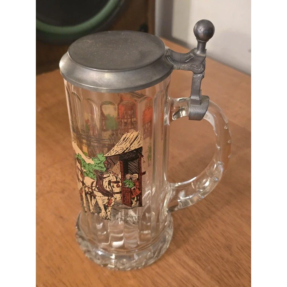 ​Vintage Rastal German Glass Beer Stein Pewter Lid Horse Drawn Carriage Village